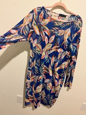 Blue Tropical Leaf Print Long Sleeve Dress